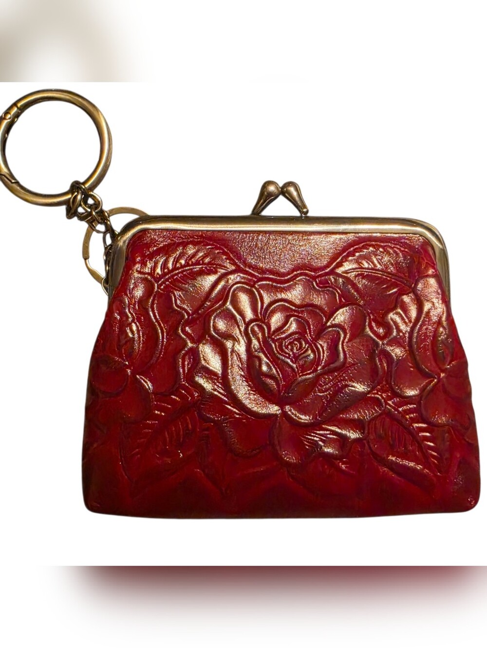 Patricia Nash Red Tooled Leather Kiss Lock Coin Purse Keychain Wallet Floral Emb
